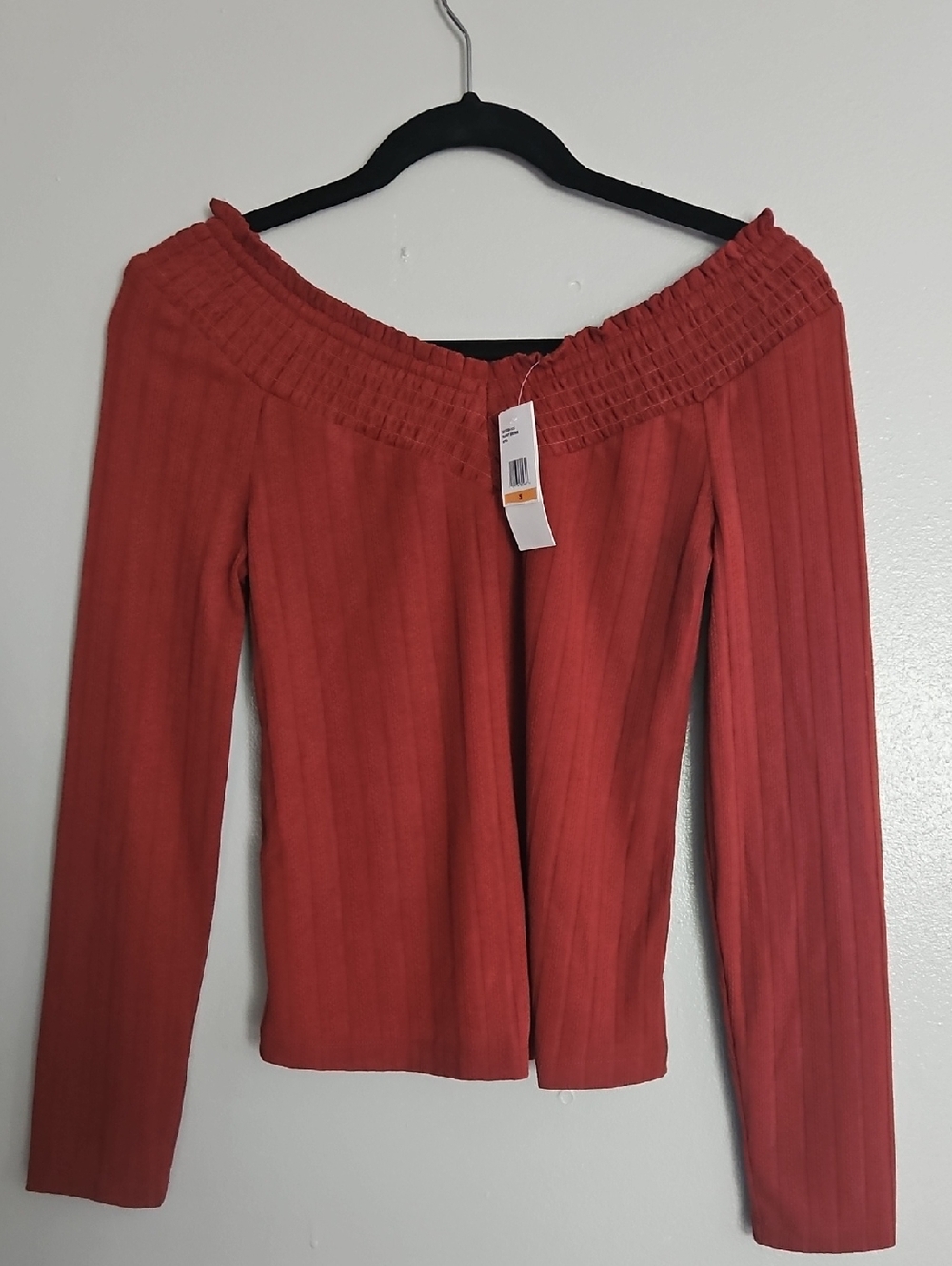 Jessica Simpson Rust Brown Ribbed Off-Shoulder Top